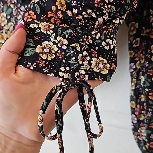 Elodie Floral Black Yellow Pink Elasticized Off Shoulder Rucshed Side Tie Top S - Picture 7 of 13